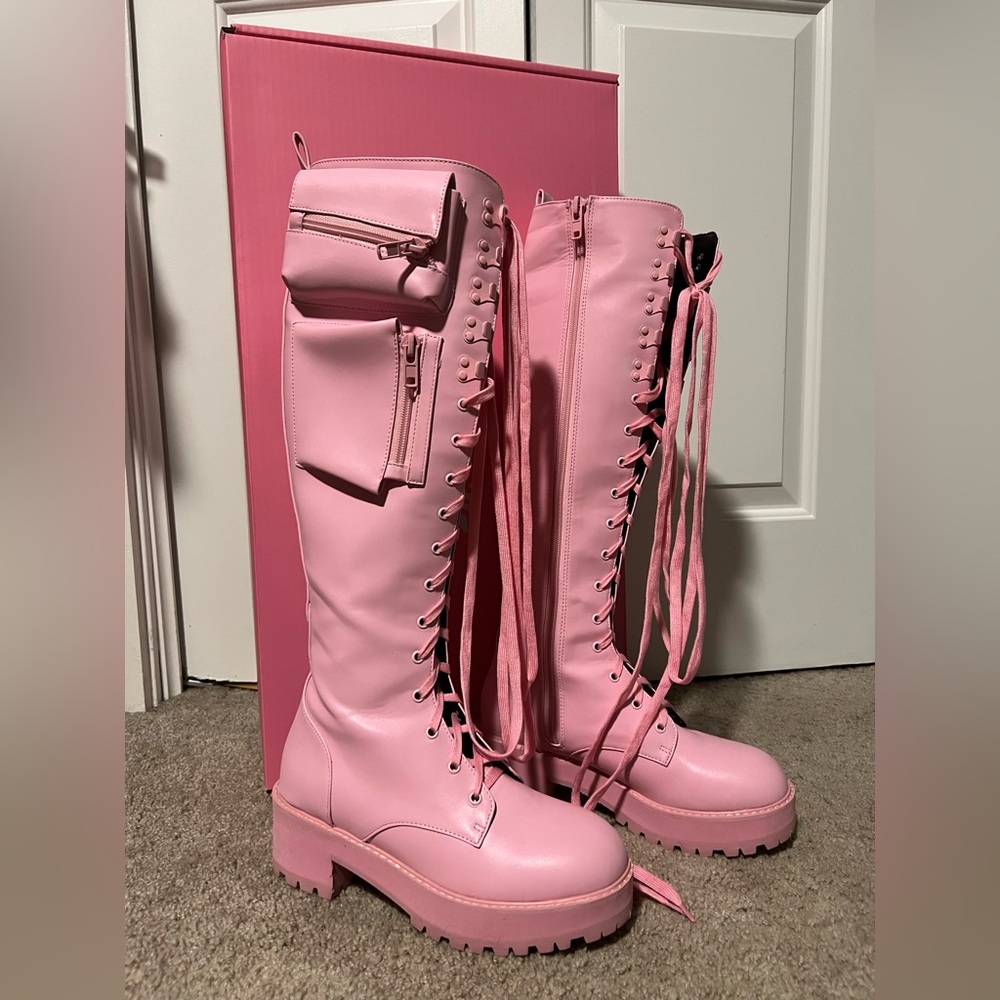 Sugar Thrillz Pink Knee High Combat Boots